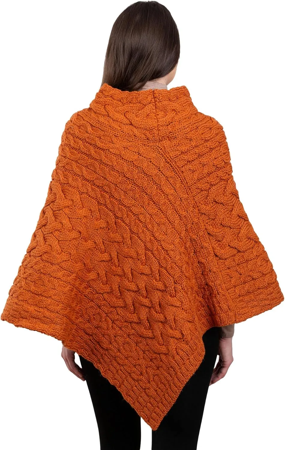 Women's Irish Aran Poncho - 100% Virgin Wool Cable Knit Wrap with Buttons, Warm Cape Shawl