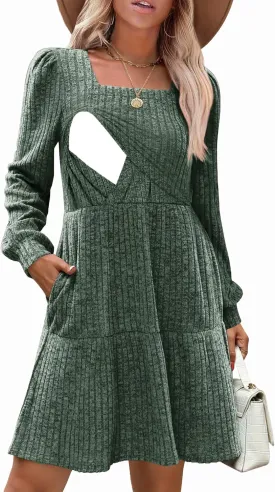 Womens Nursing Fall Dresses Square Neck Long Sleeve Winter Babydoll Dress with Pockets