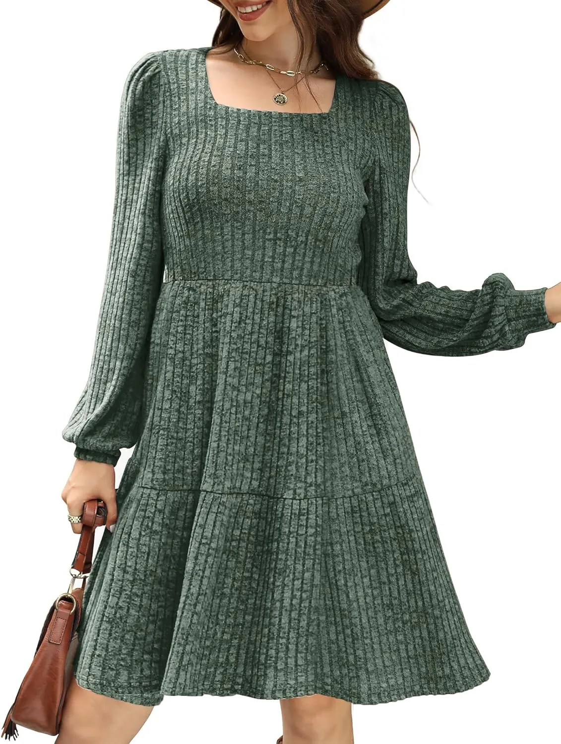 Womens Nursing Fall Dresses Square Neck Long Sleeve Winter Babydoll Dress with Pockets