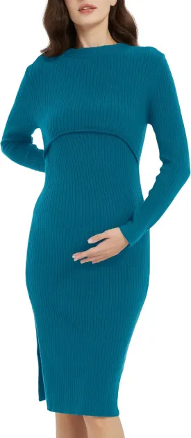 Women's Rib Knit Maternity Dress Slim Fitted Long Sleeve Pregnancy Sweater Fashion Crew Neck Top