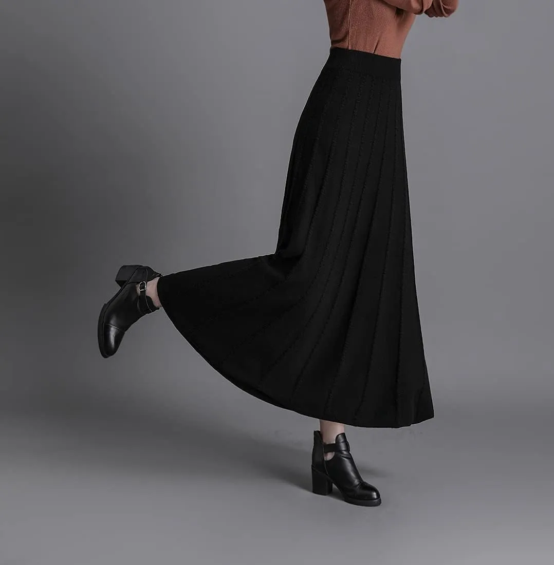 Women's Winter Long Skirt High Waist Elegant Knitted Warm Elastic Waist Maxi Pleated Skirt