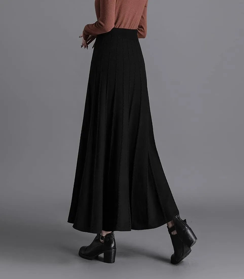Women's Winter Long Skirt High Waist Elegant Knitted Warm Elastic Waist Maxi Pleated Skirt