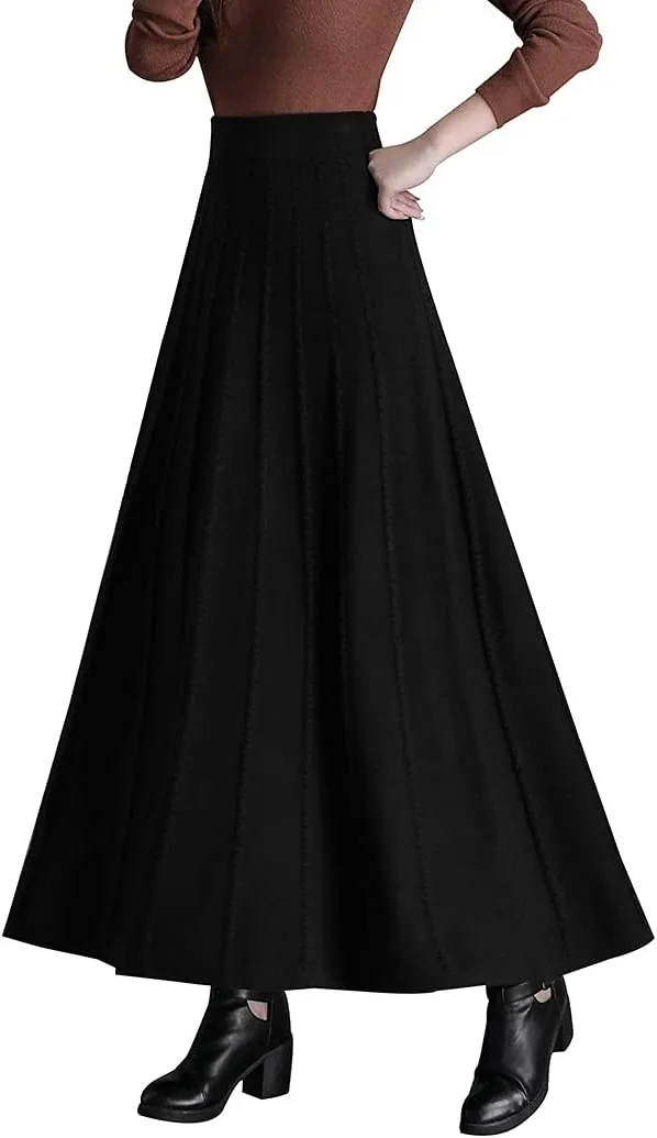 Women's Winter Long Skirt High Waist Elegant Knitted Warm Elastic Waist Maxi Pleated Skirt