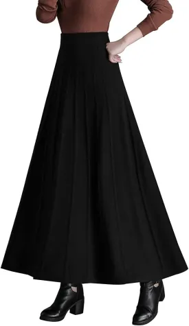 Women's Winter Long Skirt High Waist Elegant Knitted Warm Elastic Waist Maxi Pleated Skirt