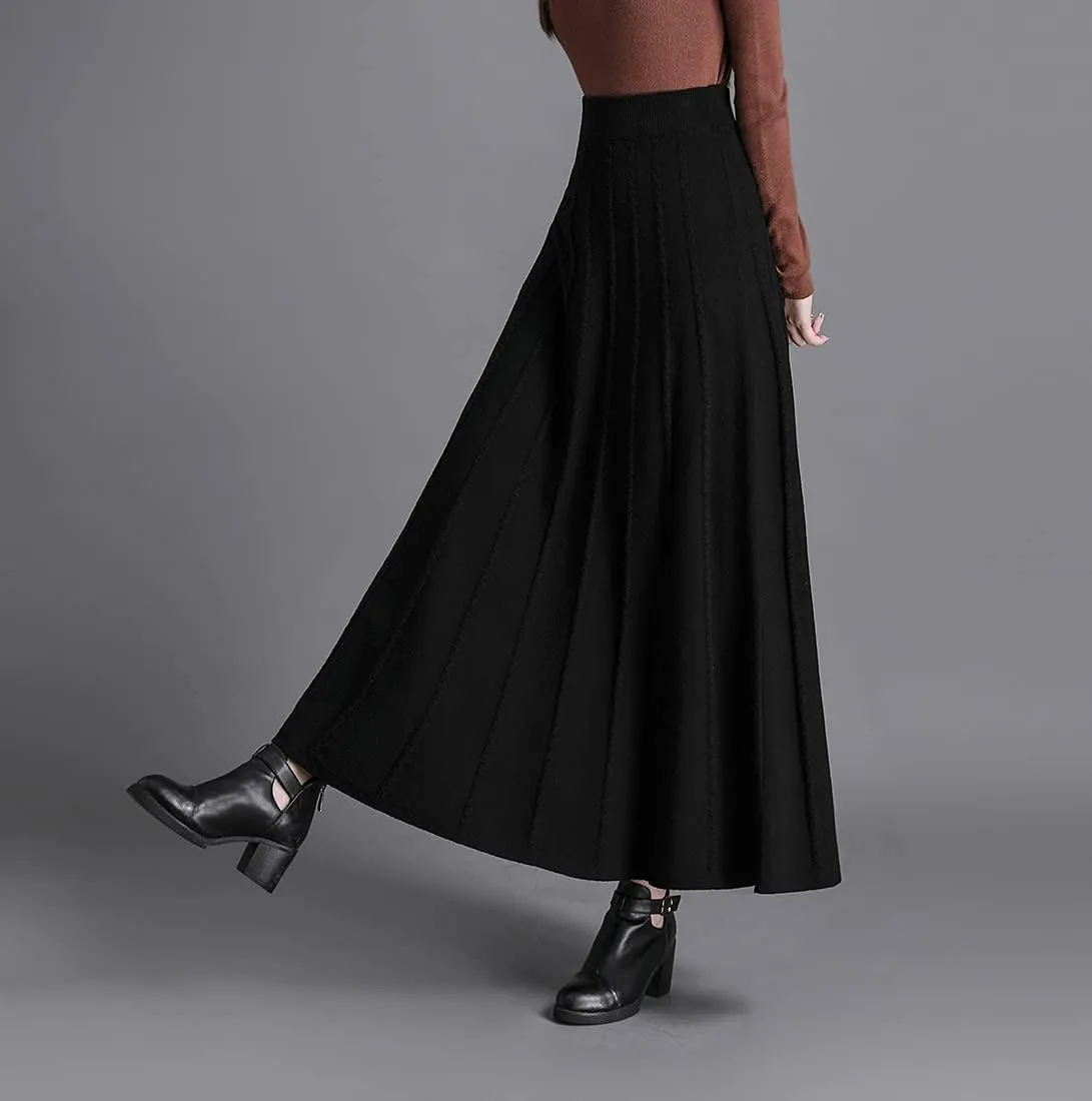 Women's Winter Long Skirt High Waist Elegant Knitted Warm Elastic Waist Maxi Pleated Skirt