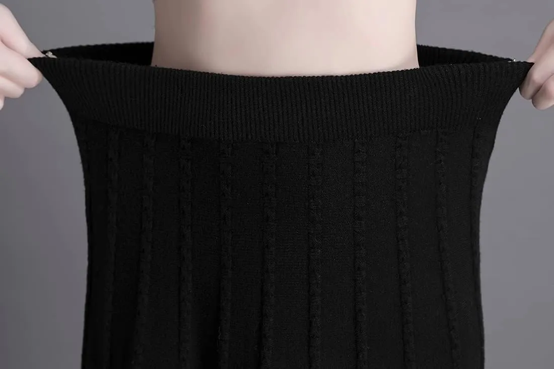 Women's Winter Long Skirt High Waist Elegant Knitted Warm Elastic Waist Maxi Pleated Skirt